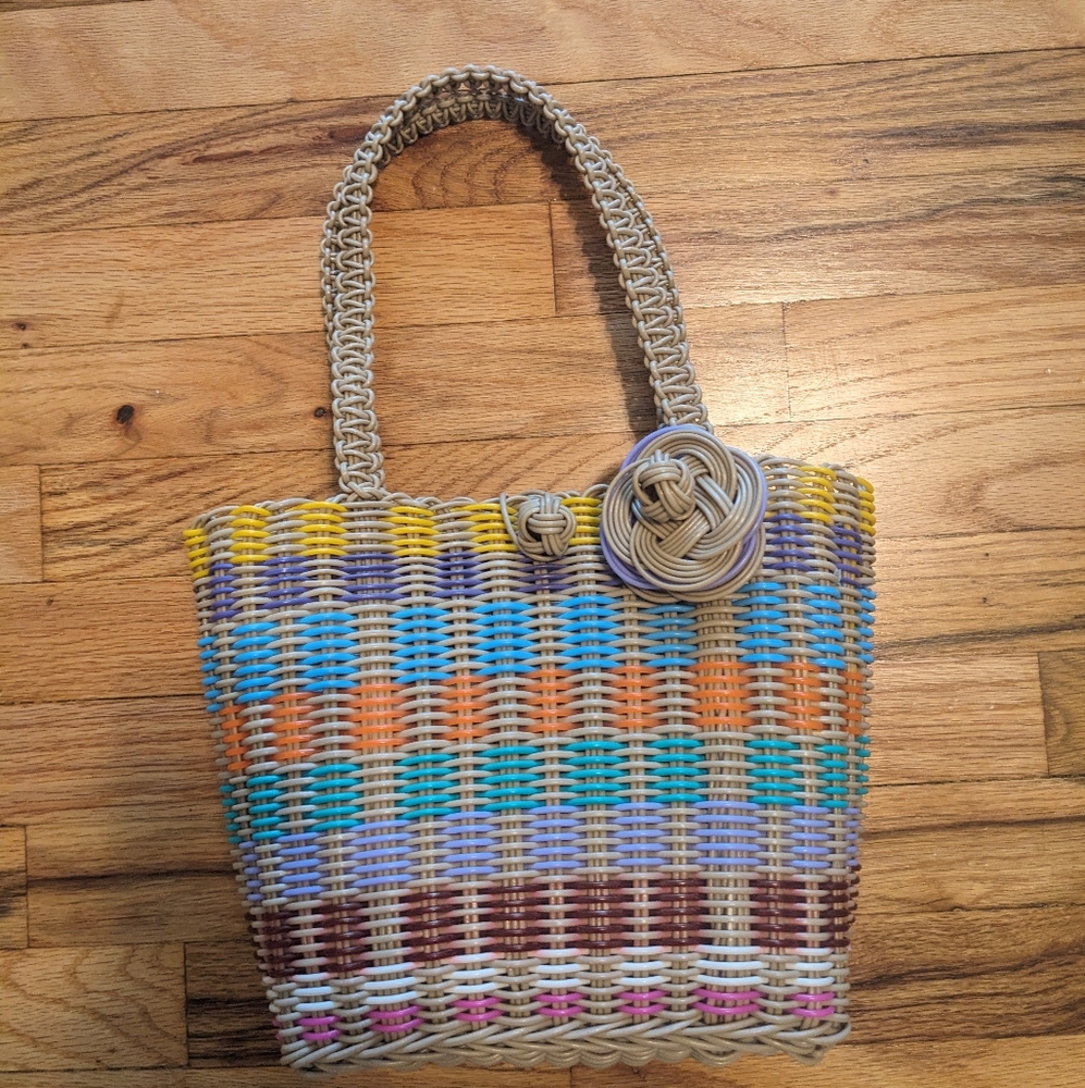 Vintage 70s Rainbow Woven Plastic Purse Tote